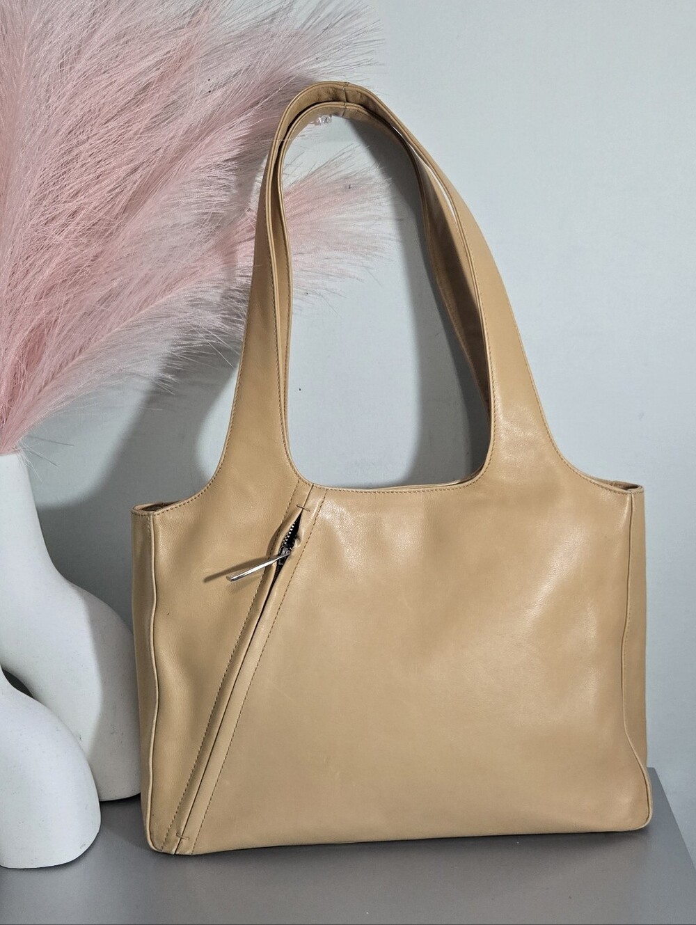 Salvatore Ferragamo Beige Leather Tote Shoulder Bag DH-21 0231 Made in Italy